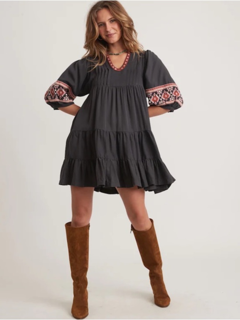 Marine Layer Olema Long Sleeve Black Mini Dress with Pink Embroidery Size XL